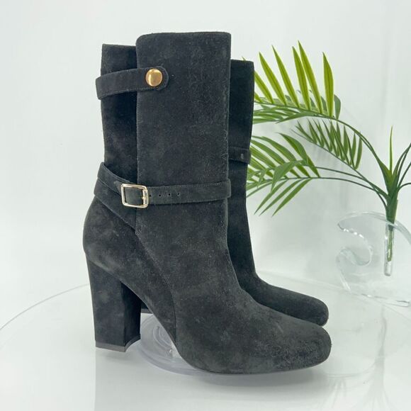 Theory Jodhpur Size 8.5 Mid Calf Black Suede Heeled Ankle Boots Booties Strap - Picture 1 of 14